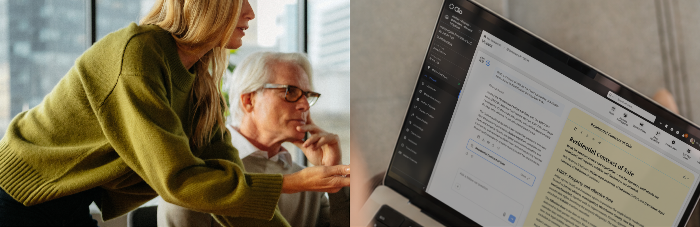 A woman and an older man review a 'Residential Contract of Sale' document on a laptop.
