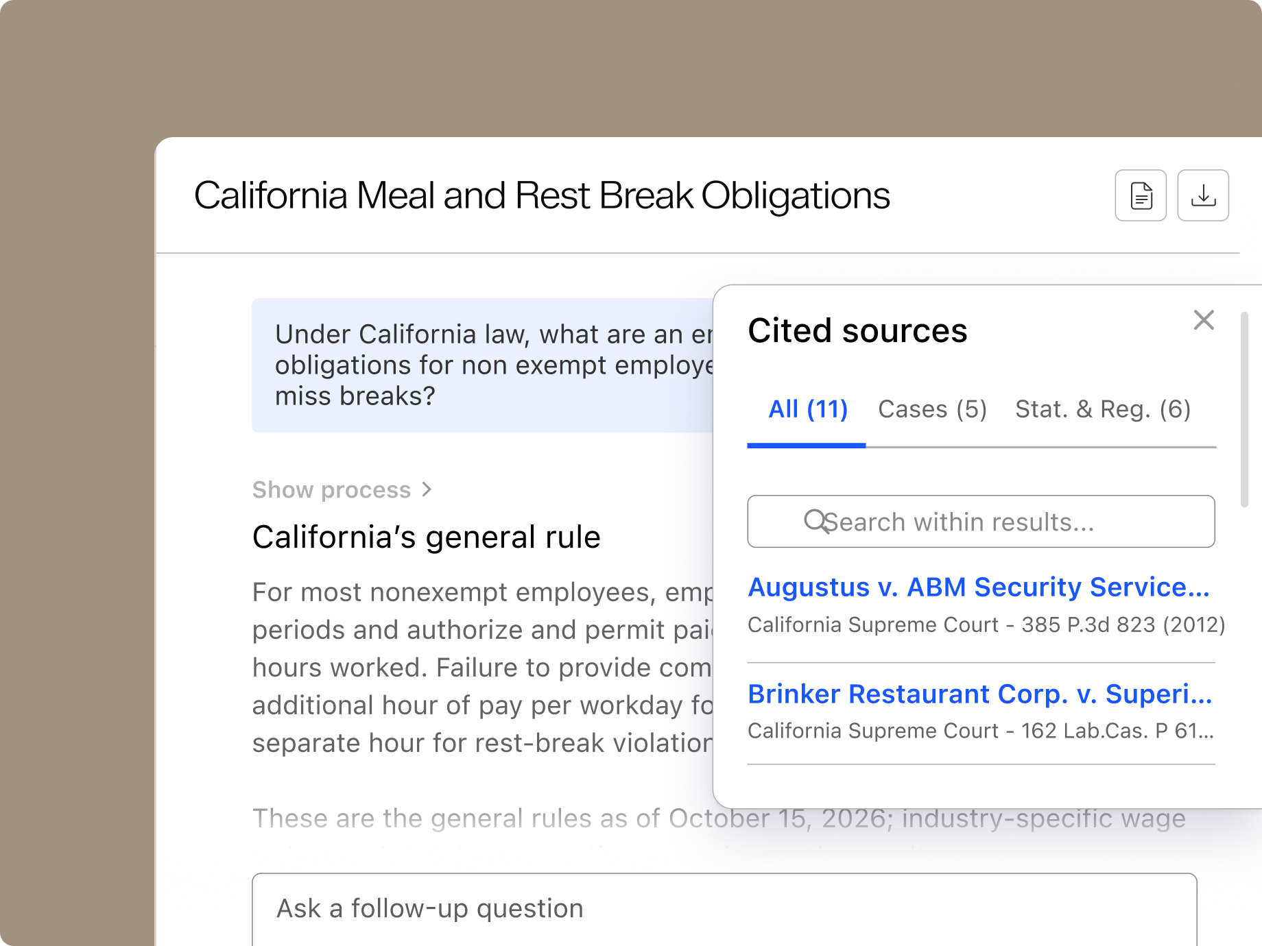 A document titled "California Meal and Rest Break Obligations" with an overlapping "Cited sources" pop-up listing legal cases.