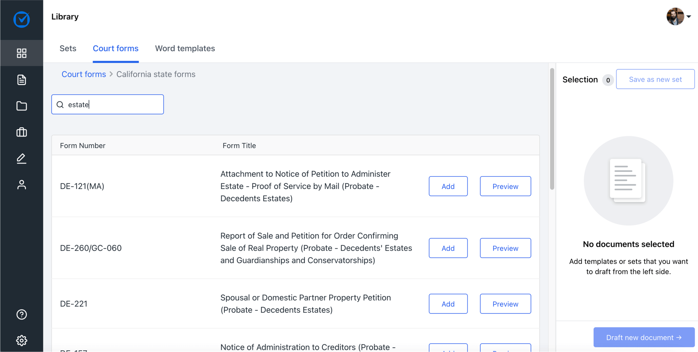 Clio Draft-Form Library-Search Forms