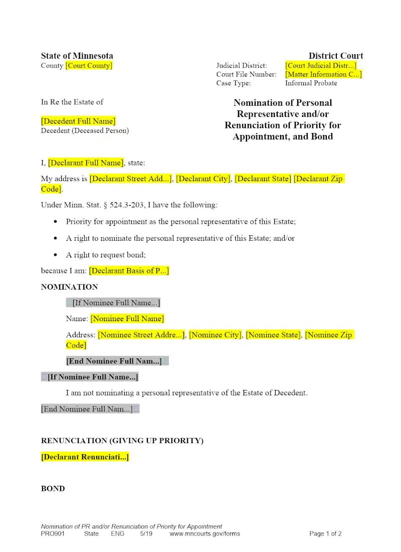 Nomination of PR and-or Renunciation of Priority for Appointment (Form PBT 901)