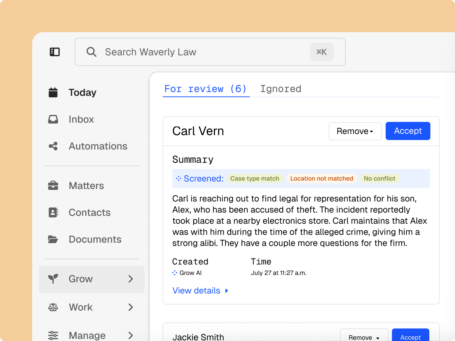 A legal software dashboard showing a client lead summary for a theft case, with options to accept or remove, and a sidebar navigation.