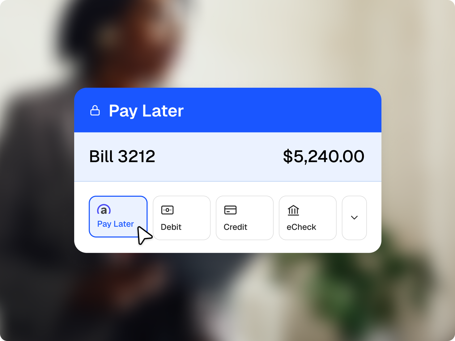 A payment interface with "Pay Later" selected for a $5,240.00 bill.