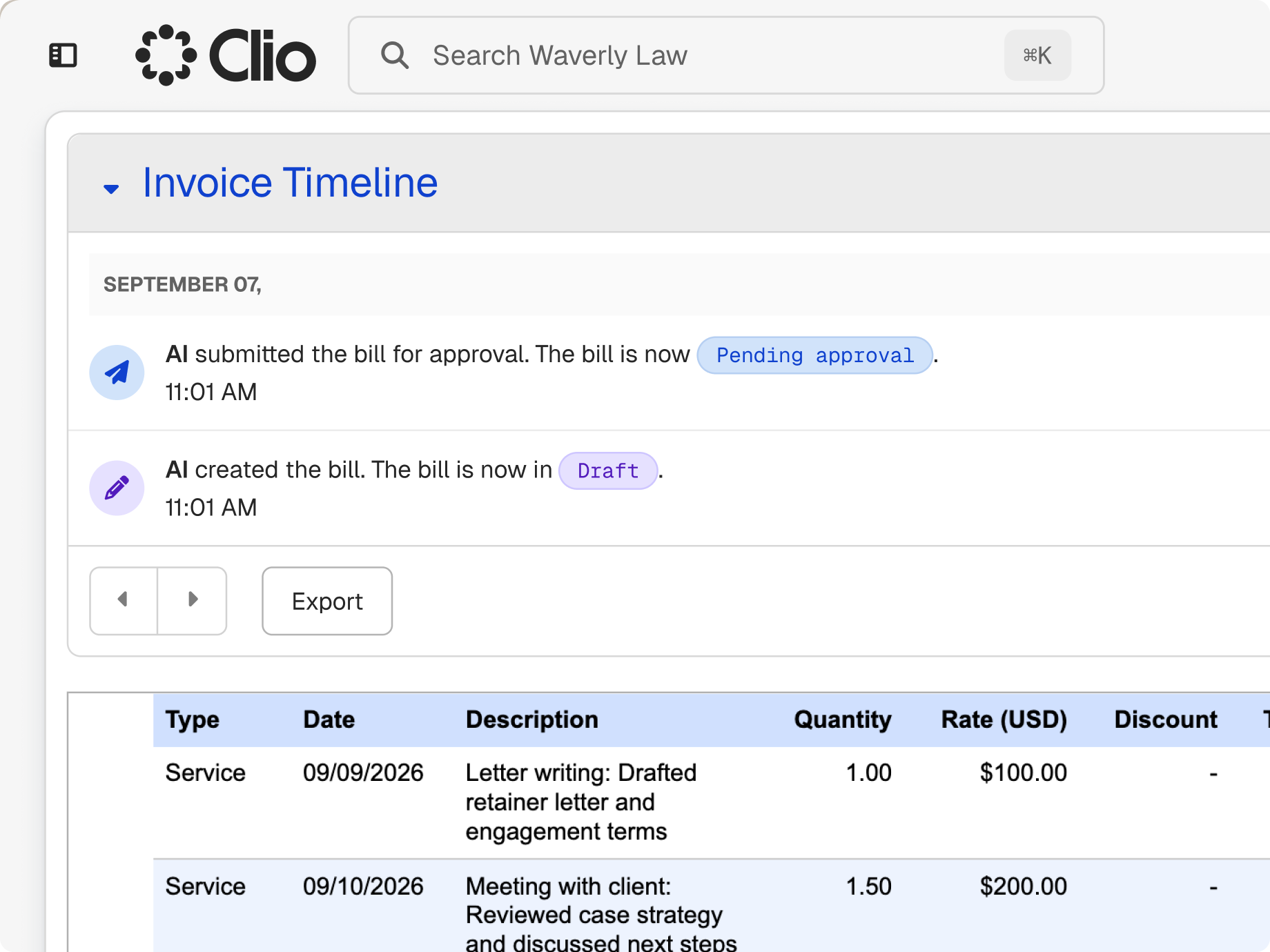 Clio software interface displaying an "Invoice Timeline" showing bill approval status and a table of legal services with descriptions and rates.