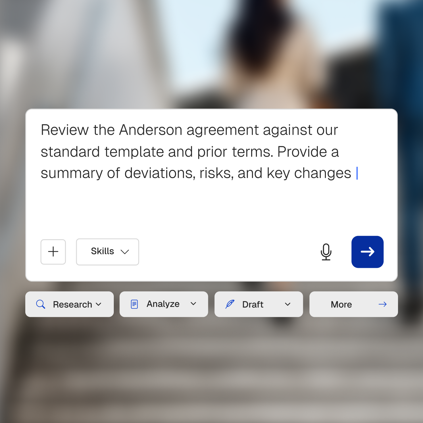 A generative AI interface displaying the prompt: "Review the Anderson agreement...summary of deviations, risks, and key changes." Action buttons for Skills, Research, Analyze, and Draft are visible.
