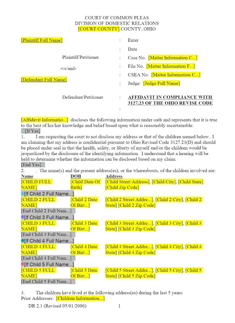 Affidavit in Compliance with 3127.23 (DR 2.1)