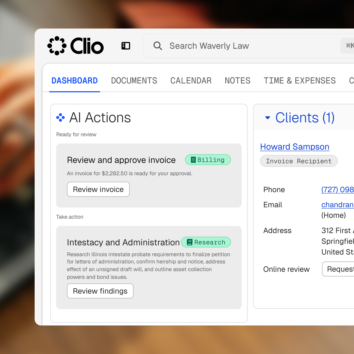 Clio legal software dashboard displaying AI actions for invoice review and legal research, alongside client details.