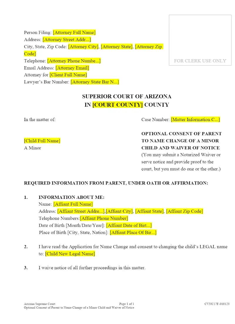 Optional Consent of Parent to Name Change of Minor and Waiver of Notice (Form CVNC17F)