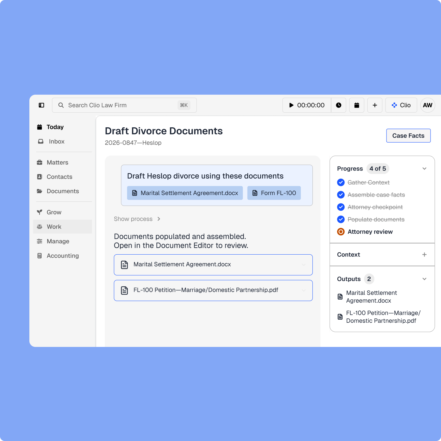 Clio legal software displaying "Draft Divorce Documents" with Marital Settlement Agreement and FL-100 Petition files, in a document review workflow.