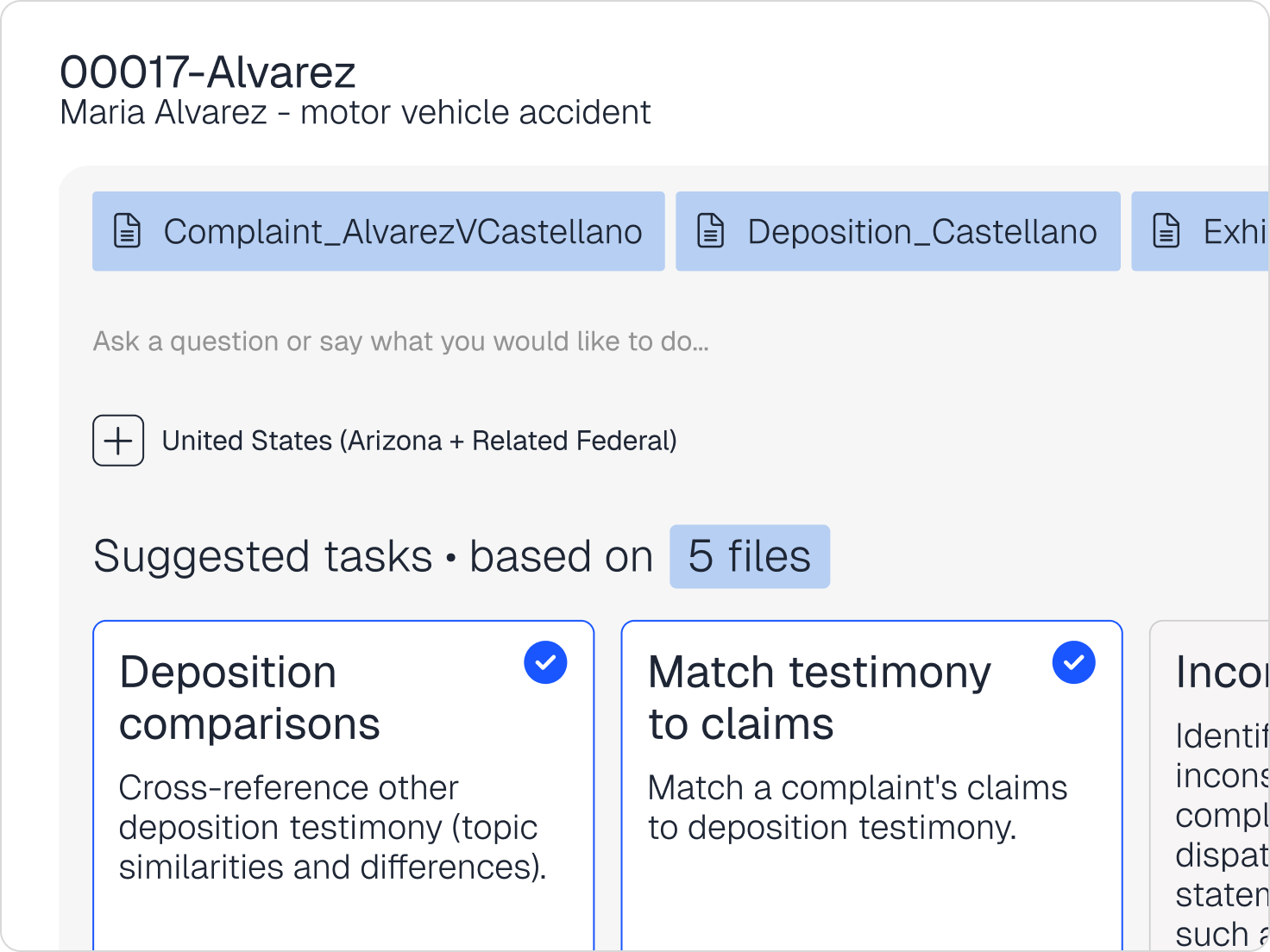 Legal AI interface for a motor vehicle accident case, showing document tabs and AI-powered suggested tasks.