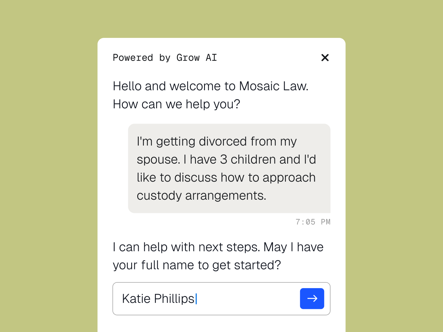 A chat interface for Mosaic Law, powered by Grow AI, shows a user asking about divorce and child custody, and the AI requesting their name.