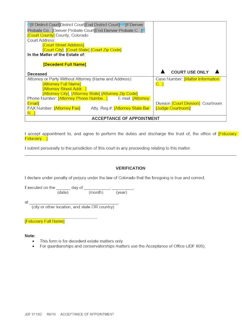 Acceptance of Appointment (JDF 911)