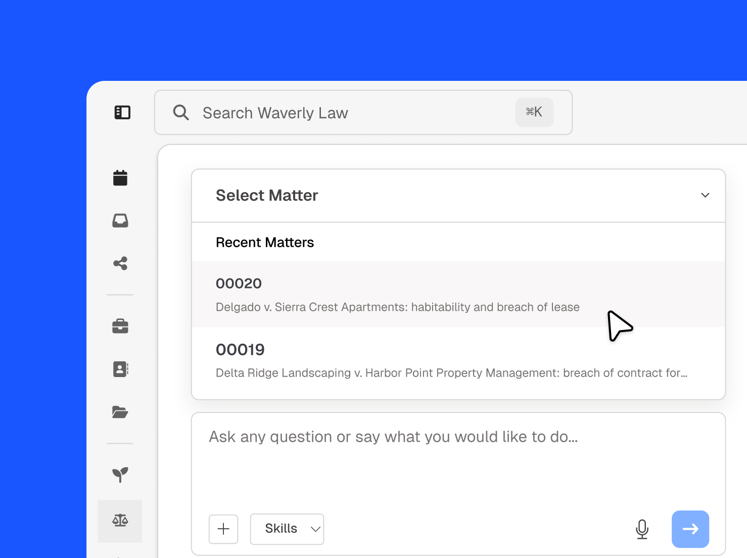 Clio Work screen with a Select Matter menu of recent matters, the cursor on Delgado v. Sierra Crest Apartments