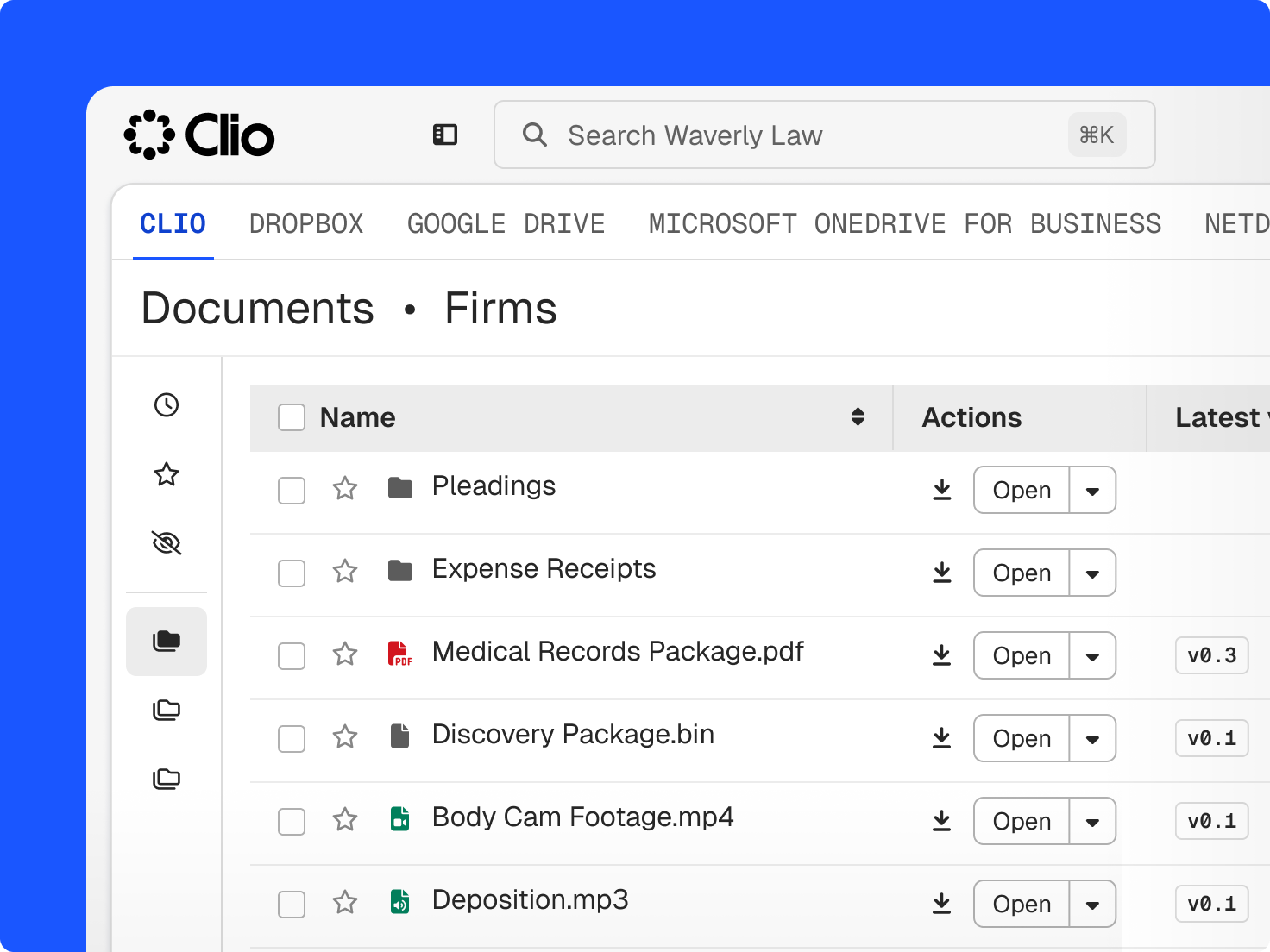 Clio legal document management interface displaying files such as pleadings, medical records, and body cam footage.