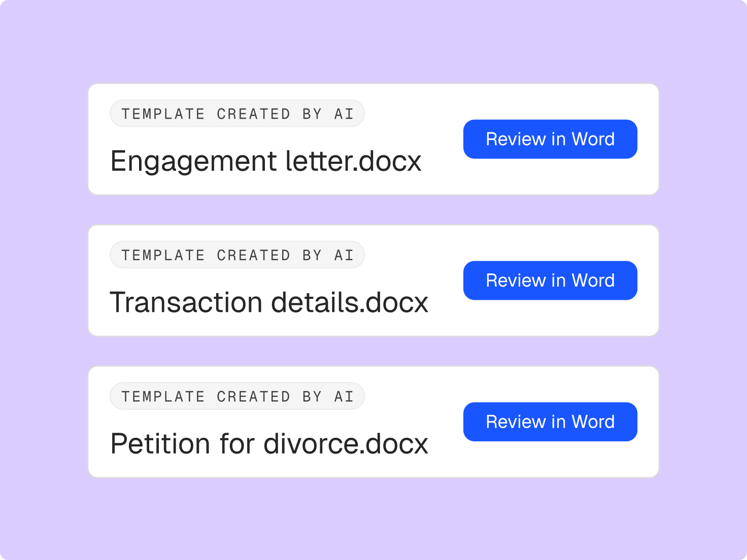 Three AI-generated document templates: Engagement letter, Transaction details, and Petition for divorce, each with a 'Review in Word' button.