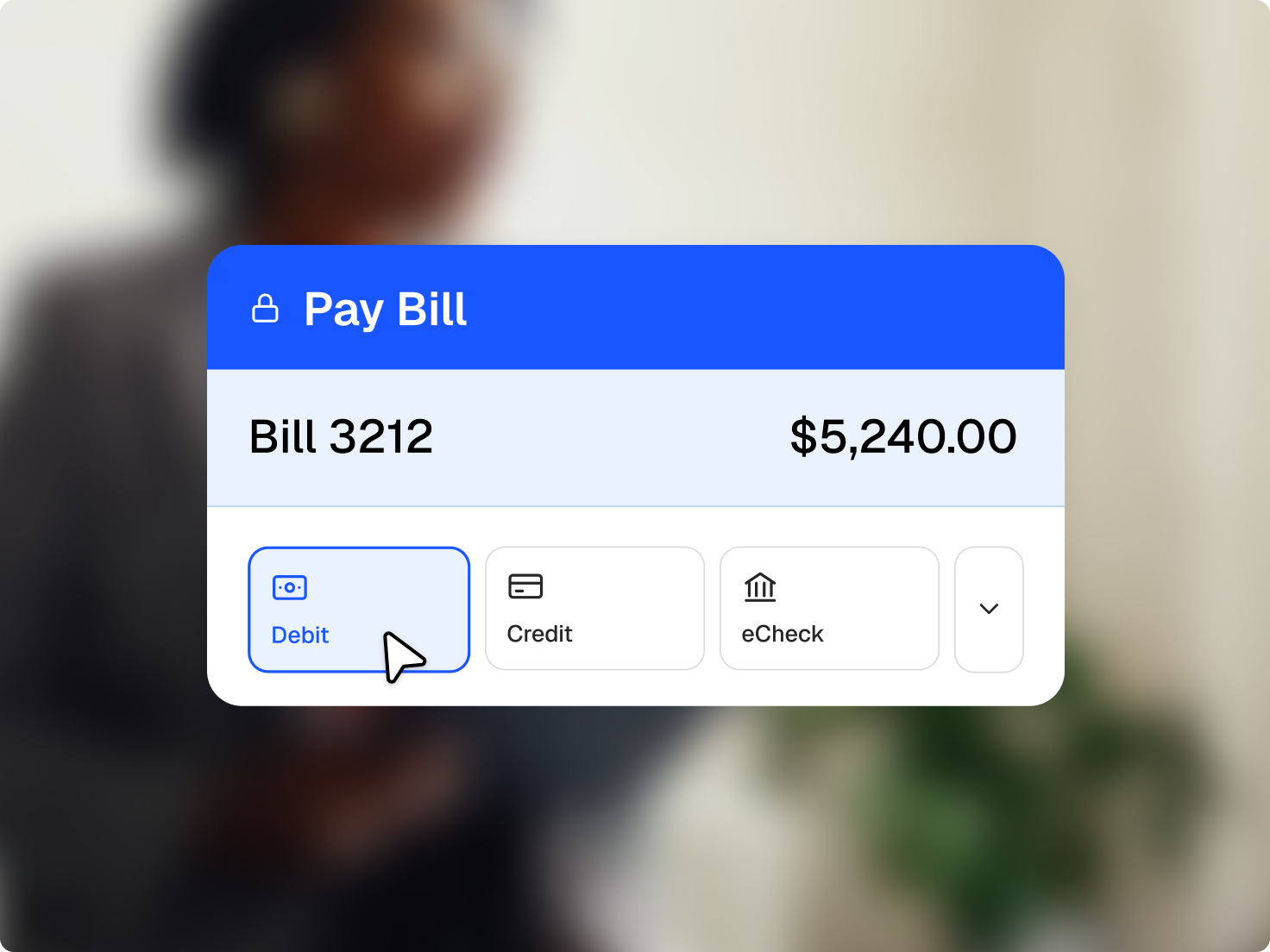 A 'Pay Bill' screen displaying a $5,240 bill, with a cursor selecting the debit payment option.