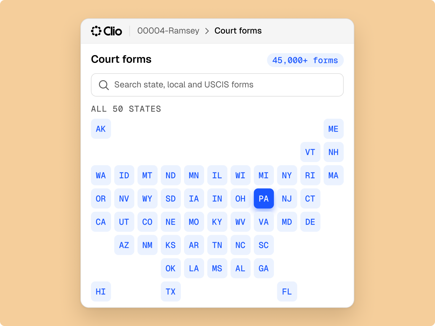 Clio interface for searching court forms, displaying a grid of US states with Pennsylvania (PA) selected, and 45,000+ forms.