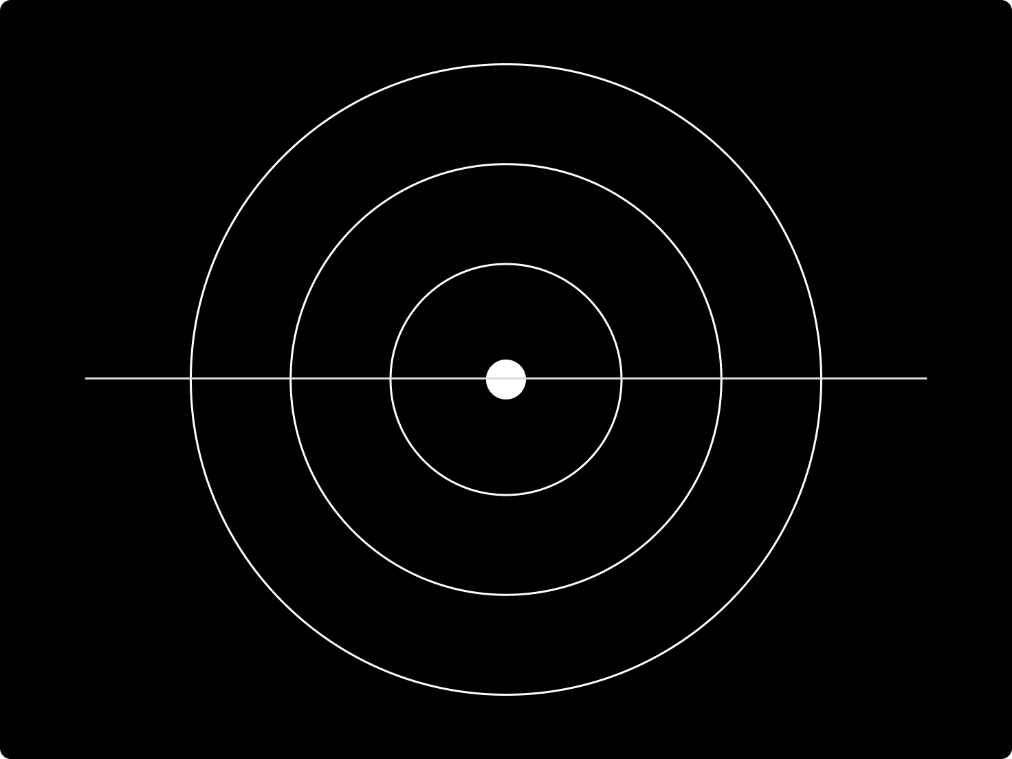 White concentric circles with a horizontal line and a central dot on a black background.