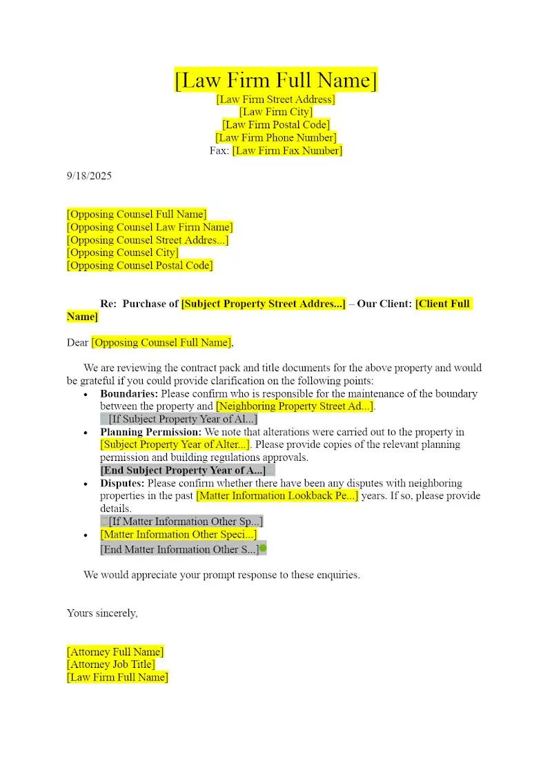 Letter re Enquiries