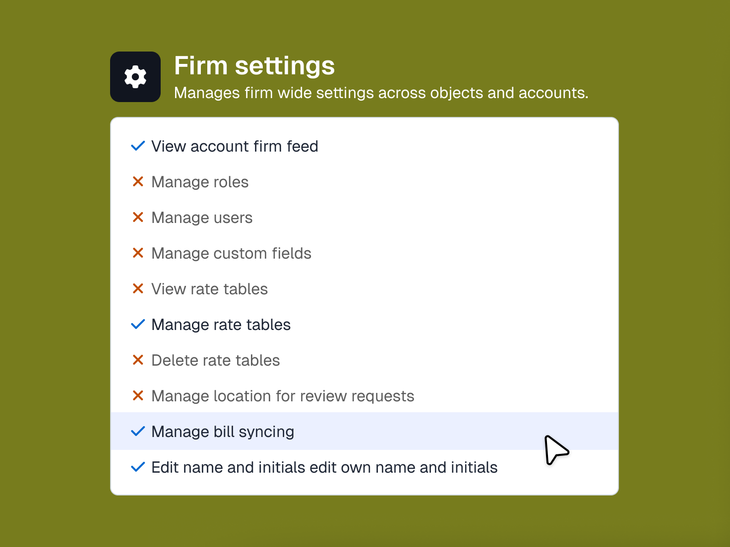 Firm settings page listing various options, most marked with a red X (restricted), and 'Edit name and initials' marked with a blue checkmark (enabled).