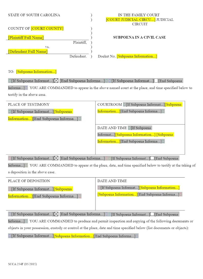Subpoena (SCCA 254F)
