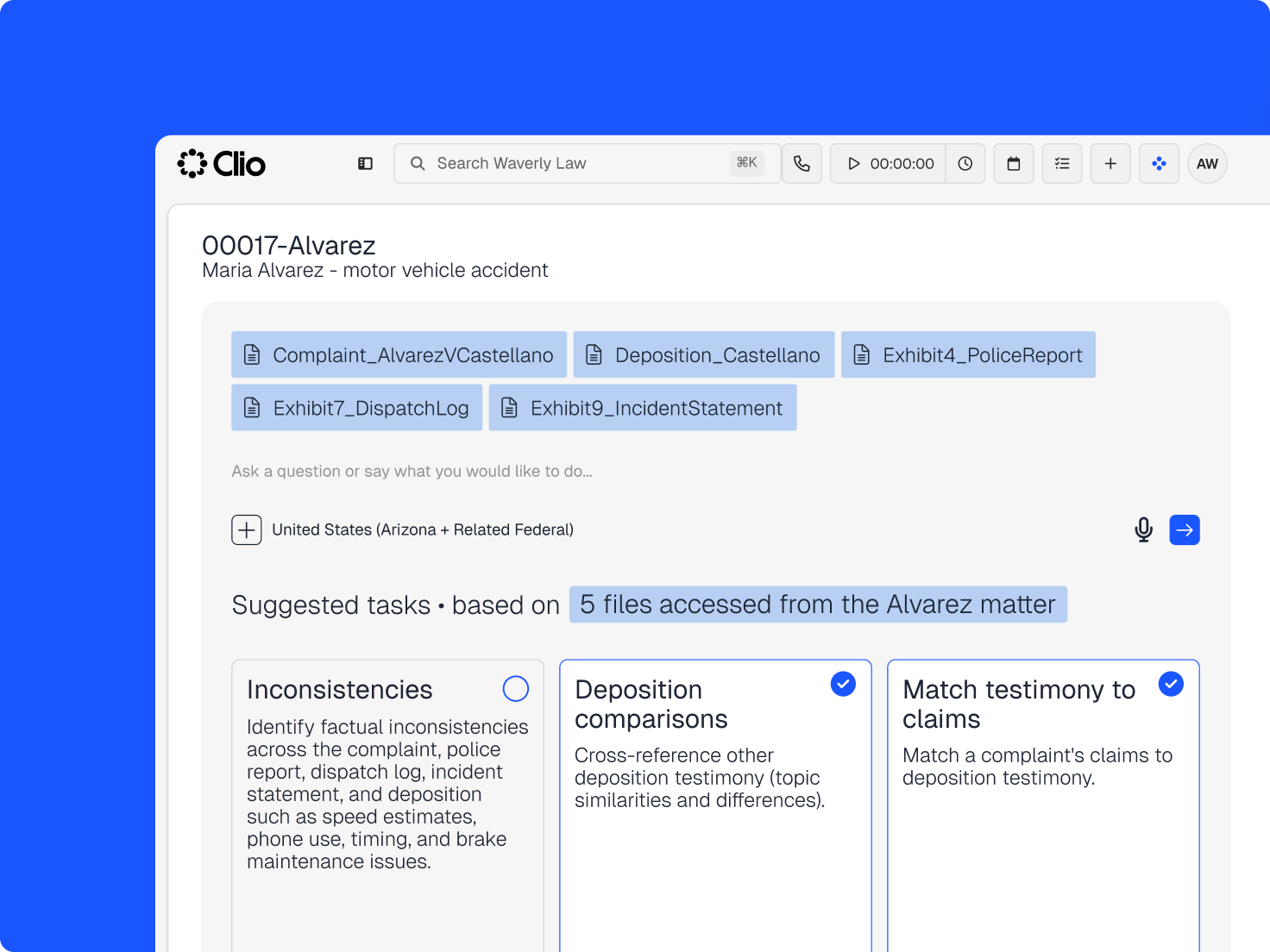 Clio legal tech interface displaying an "Alvarez" motor vehicle accident case with related documents and AI-suggested tasks for legal analysis.