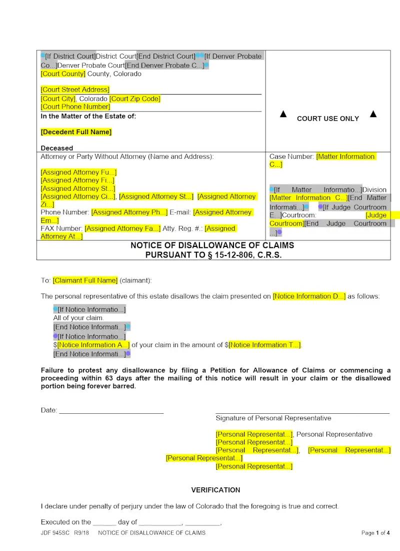 Notice of Disallowance of Claims (JDF 945)