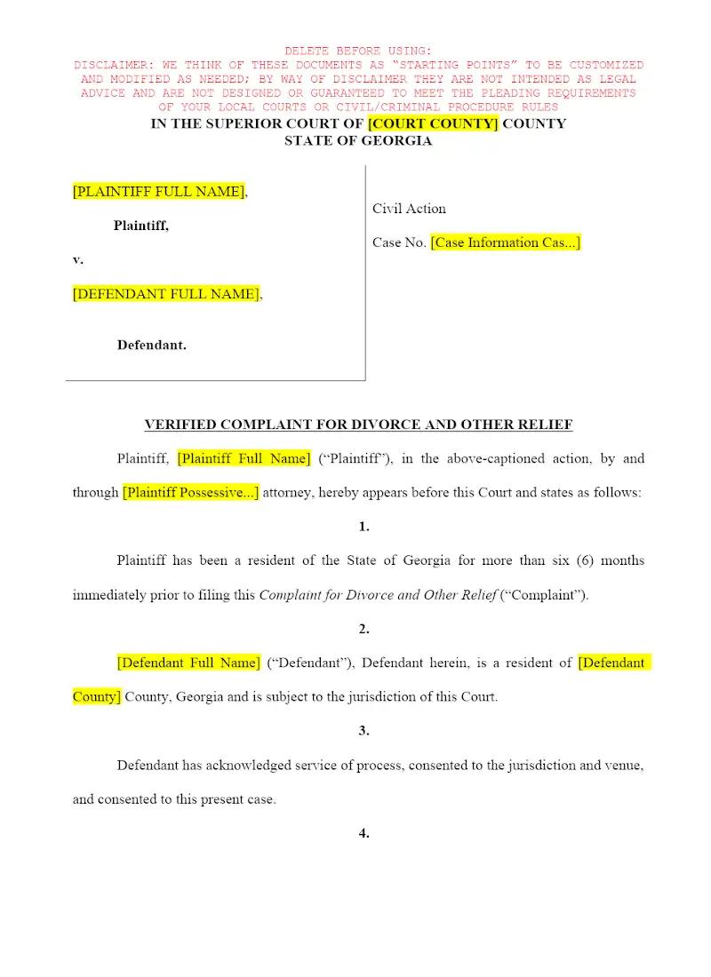 Complaint for Divorce w/ Verification