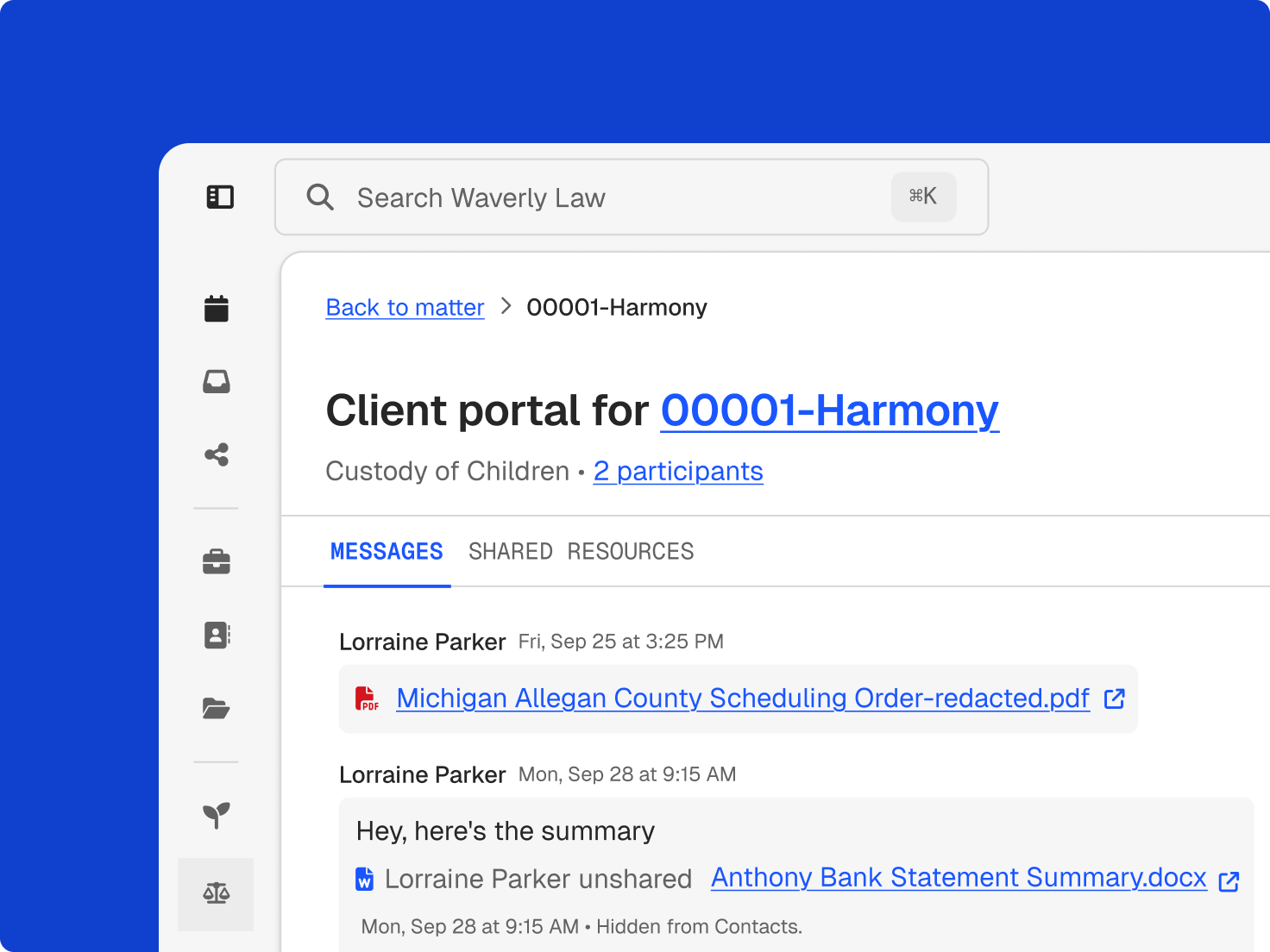 A digital client portal displaying messages and shared legal documents for a "Custody of Children" case, including a redacted scheduling order and a bank statement summary.