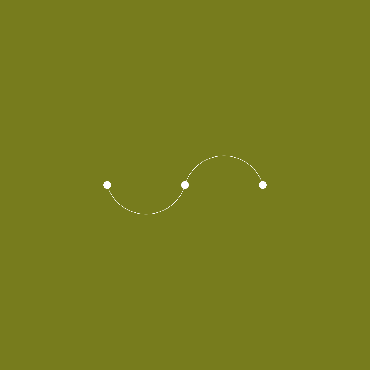 A white S-shaped line connecting three white dots on an olive green background.