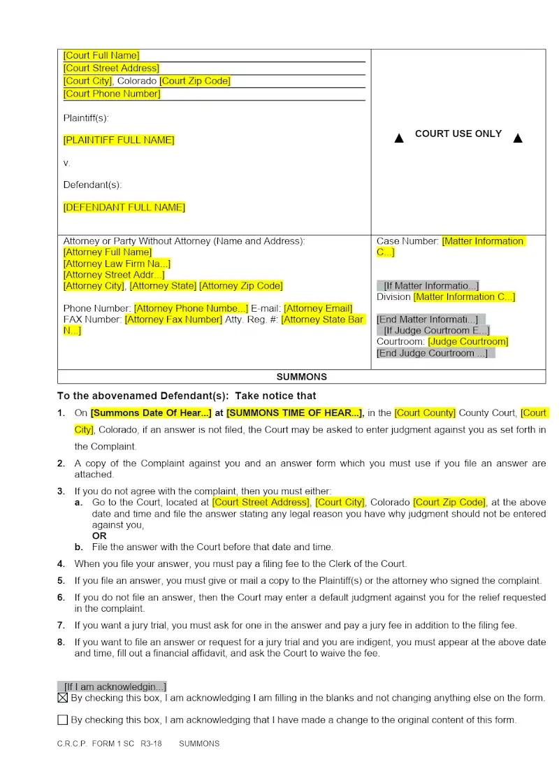 Summons (Form 1 SC)