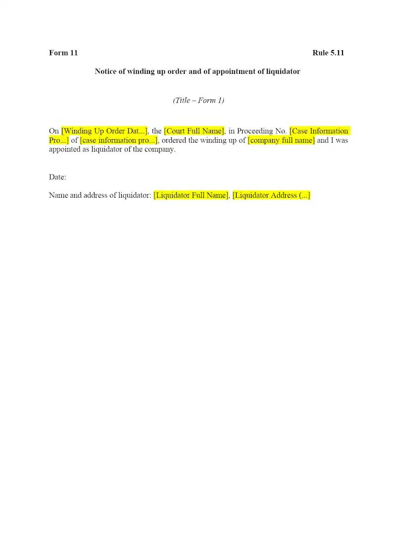 Notice of winding up order and of appointment of liquidator (Form 11)