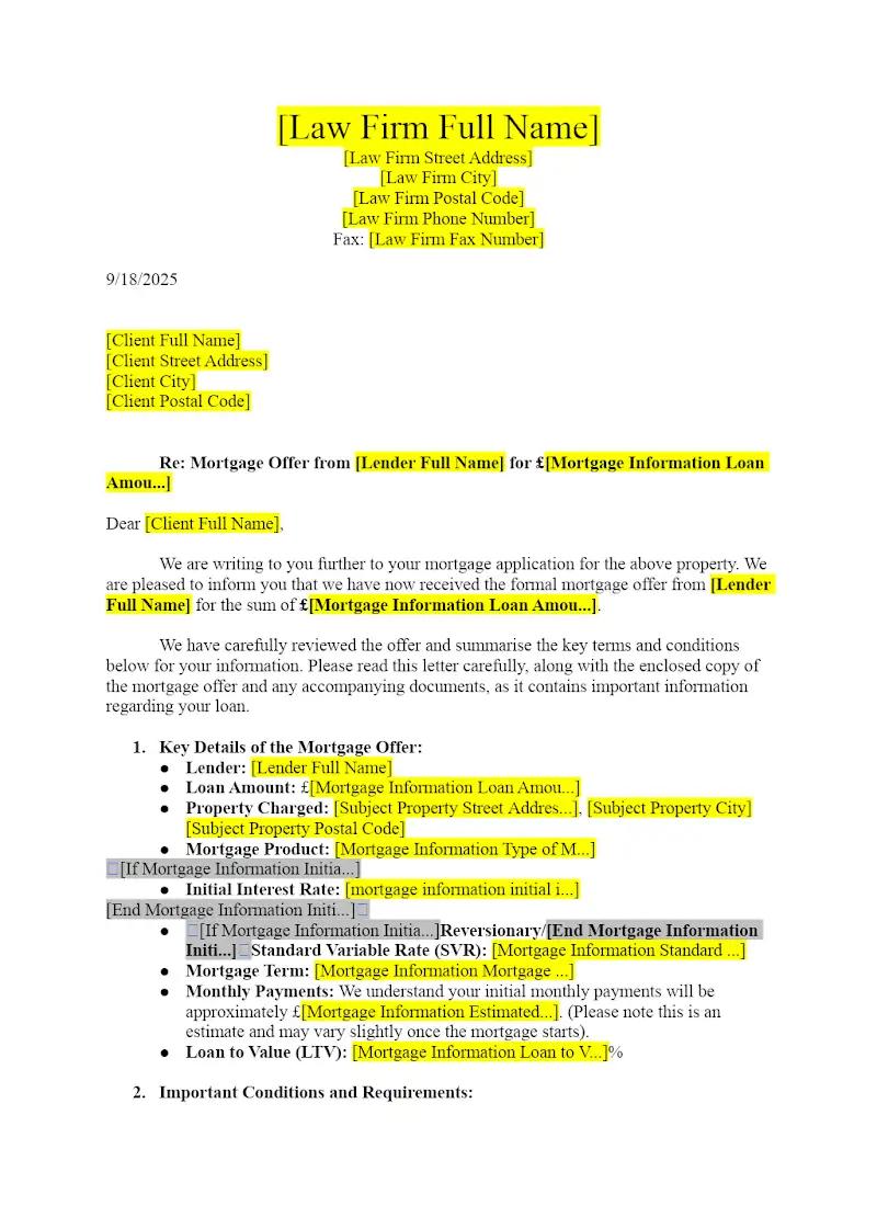 Letter to Client Reporting on Mortgage