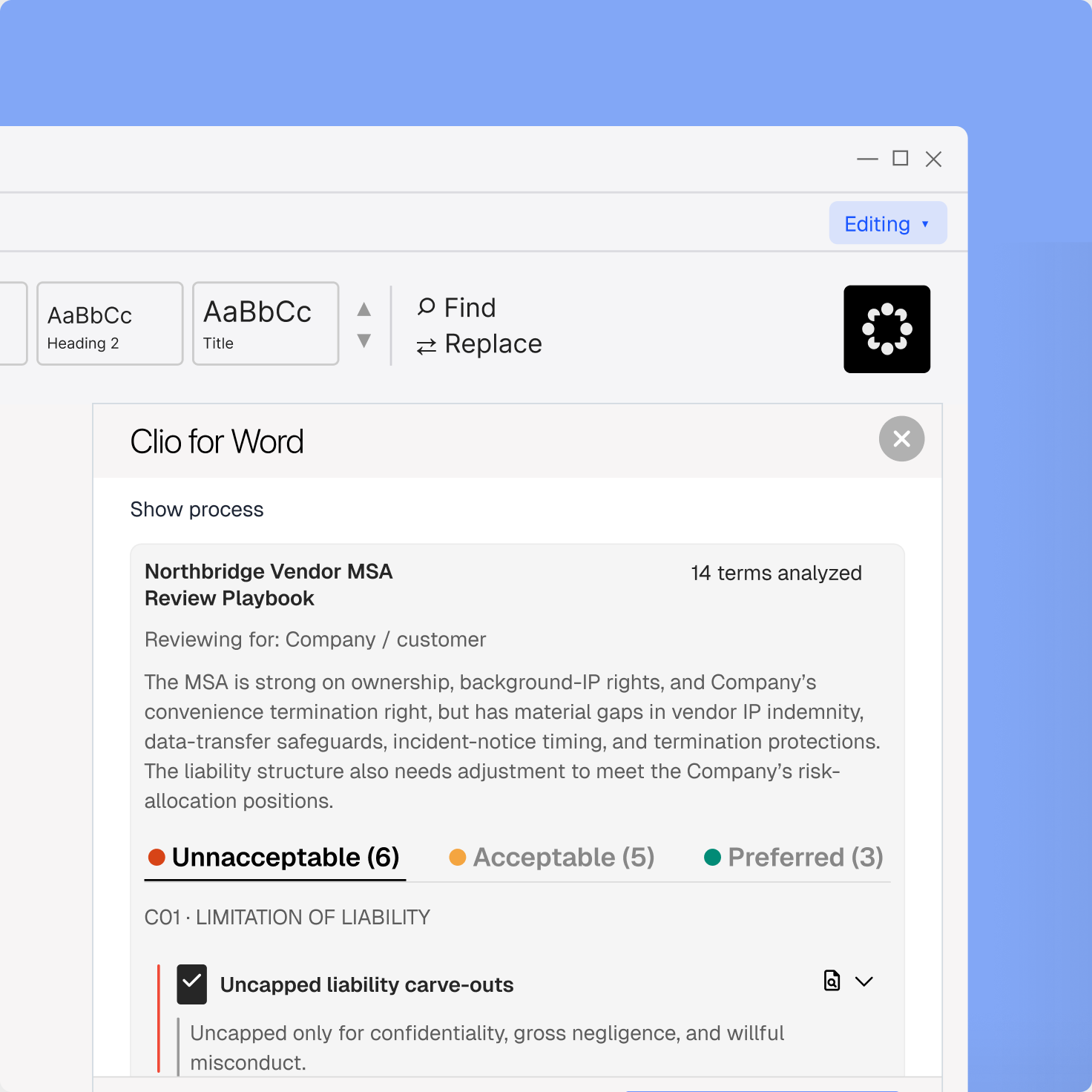 Clio for Word reviewing a vendor MSA against a playbook, with 6 unacceptable, 5 acceptable and 3 preferred terms flagged.
