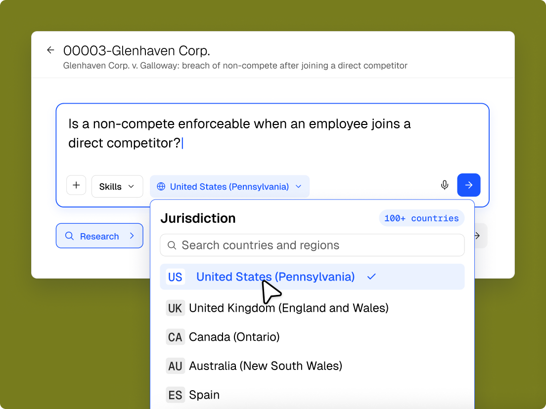 Legal research interface showing the selection of "United States (Pennsylvania)" as jurisdiction for a non-compete clause question.