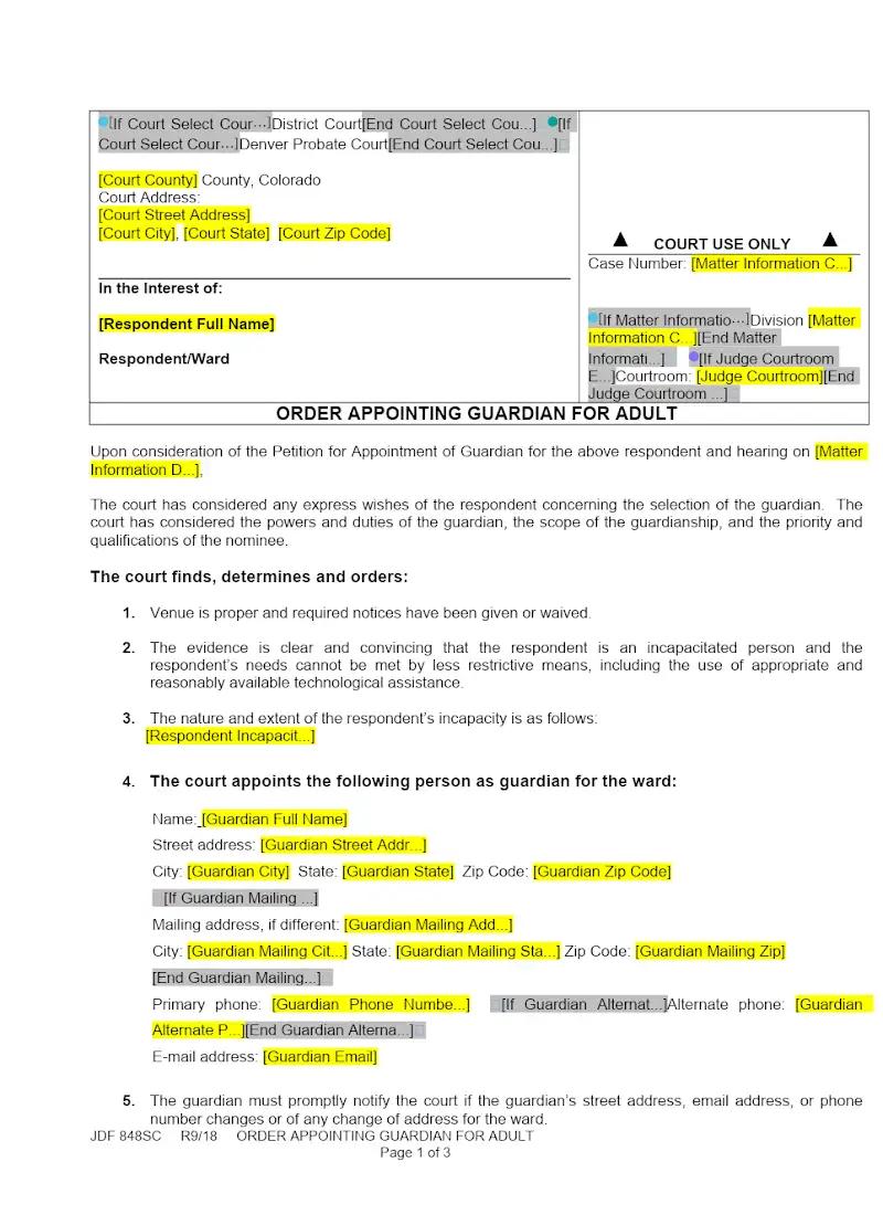 Order Appointing Guardian for Adult (JDF 848SC)