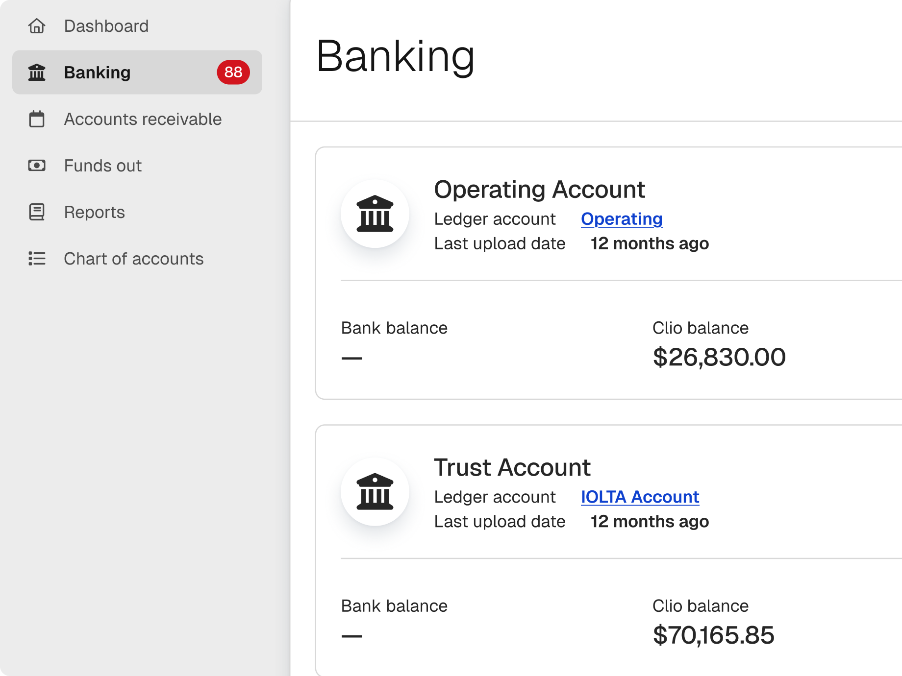 A banking dashboard displaying an Operating Account with a Clio balance of $26,830.00 and a Trust Account with a Clio balance of $70,165.85.
