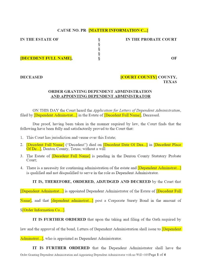 Order Granding Dependent Administration, No Will
