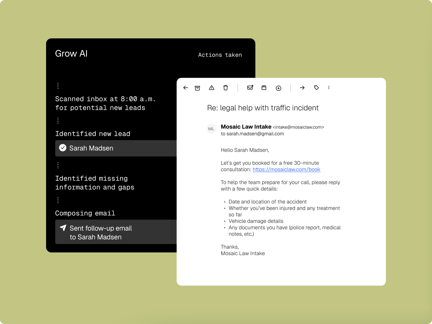 An AI dashboard automates lead identification and sends a follow-up email for legal help, shown alongside the email content.
