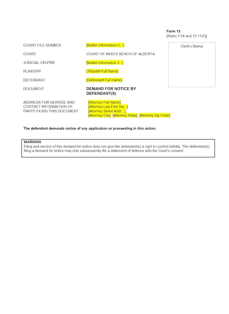 Demand for Notice by Defendant (Form 13)