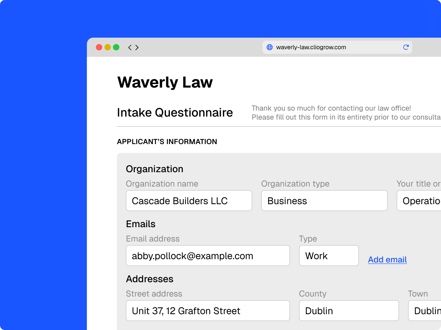 A web browser showing a Waverly Law Intake Questionnaire with partially filled fields for organization, email, and address.