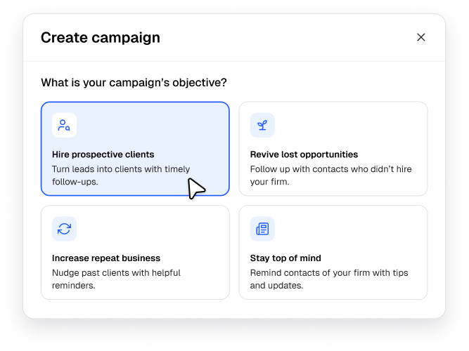 A 'Create campaign' modal window with four objective options, 'Hire prospective clients' is highlighted and a cursor points to it.