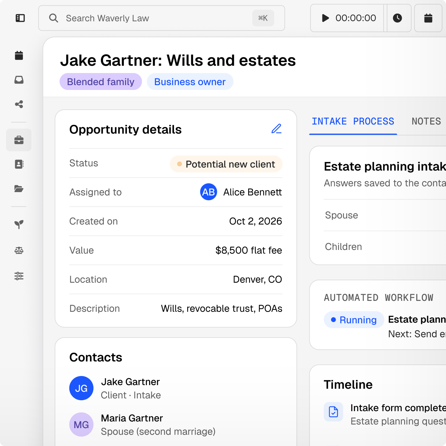 A legal software interface displaying a client profile for Jake Gartner regarding wills and estates, showing his opportunity details, potential new client status, contacts, and estate planning intake process.