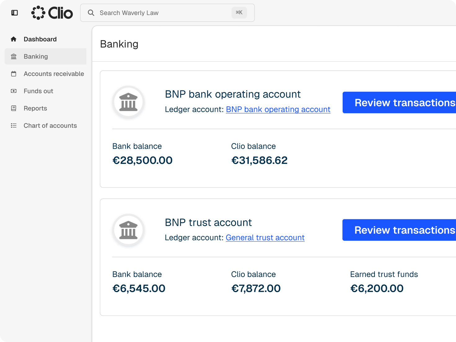 Clio banking interface displaying BNP operating and trust account balances with transaction review buttons.