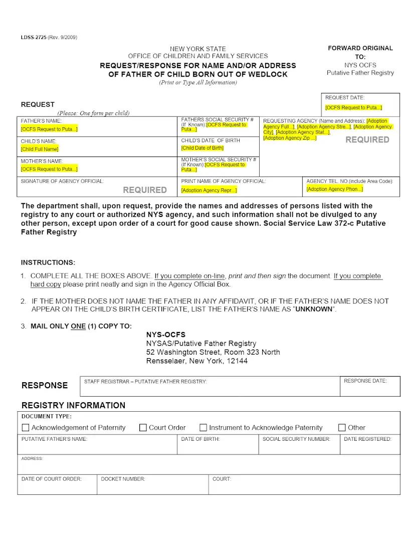 NYS OCFS RequestResponse for Name and--or address of Father of Child Born Out of Wedlock (LDSS-2725)