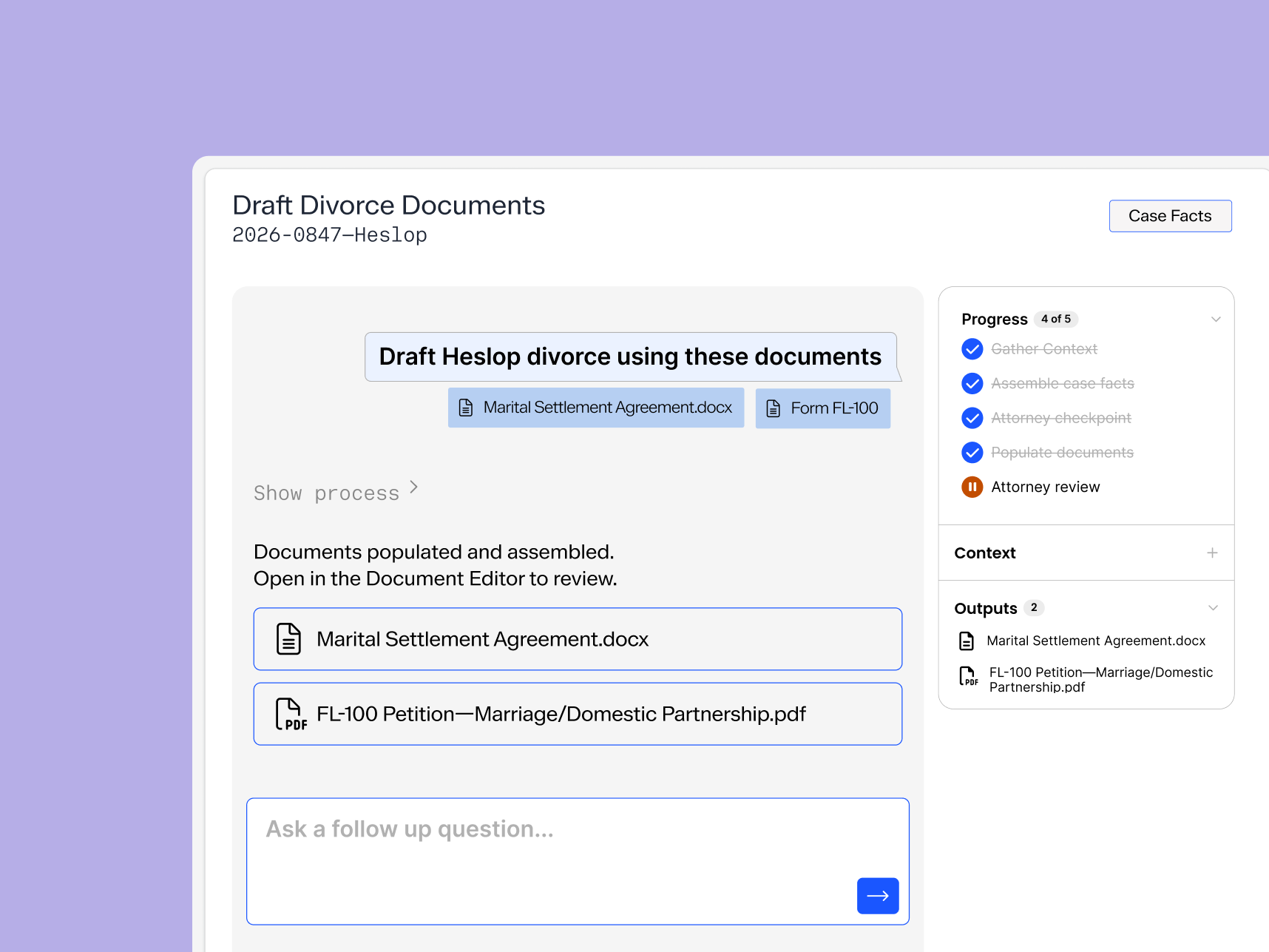 A legal document automation interface showing drafted divorce documents, including a Marital Settlement Agreement and FL-100 Petition, with a progress sidebar.