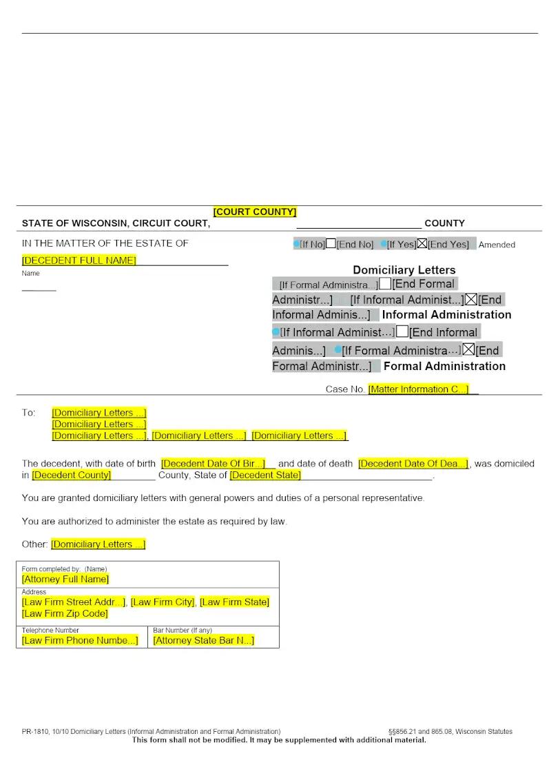 Domiciliary Letters - Informal and Formal Administration (PR-1810)