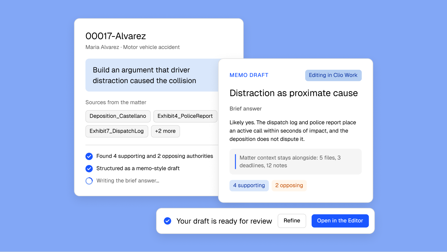 A legal software screen showing a case and a generated memo draft titled 'Distraction as proximate cause,' ready for review.