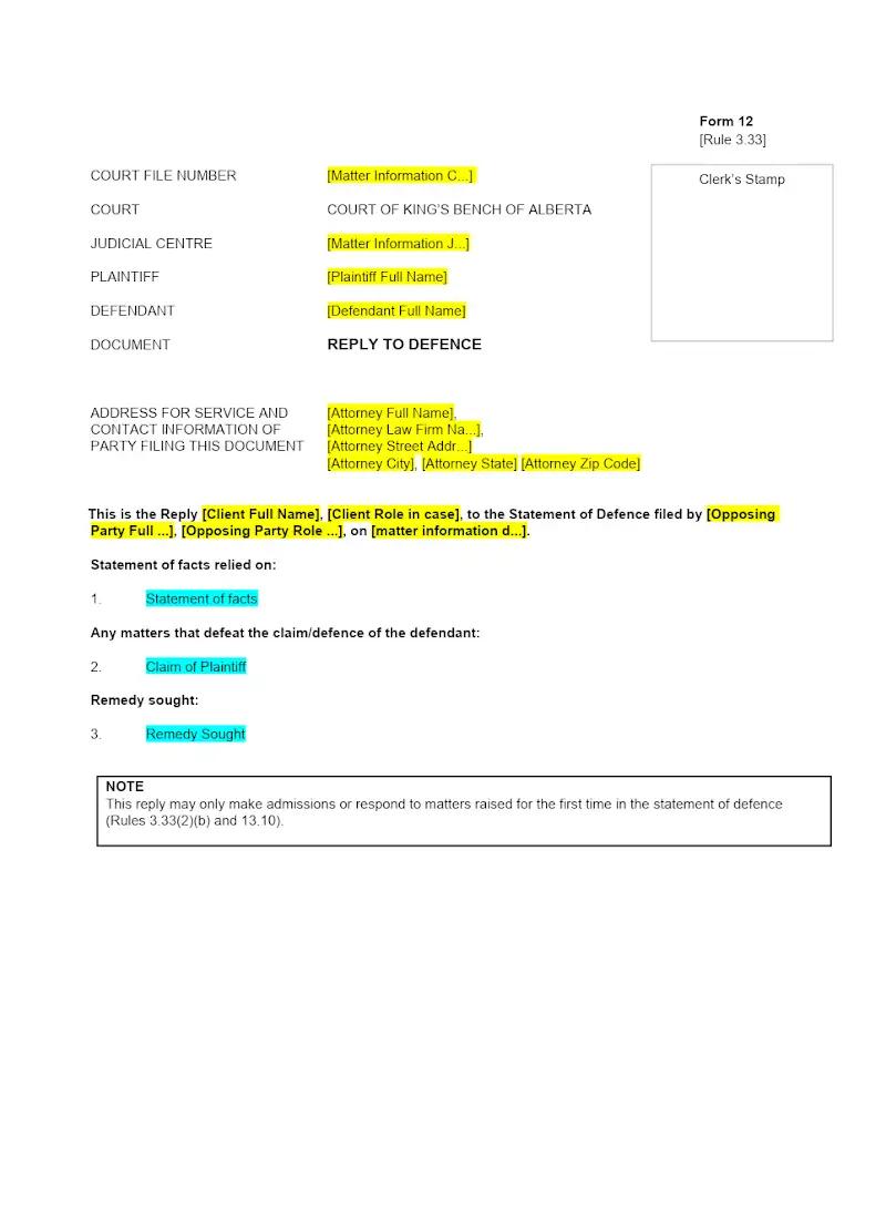 Reply to Defence (Form 12)