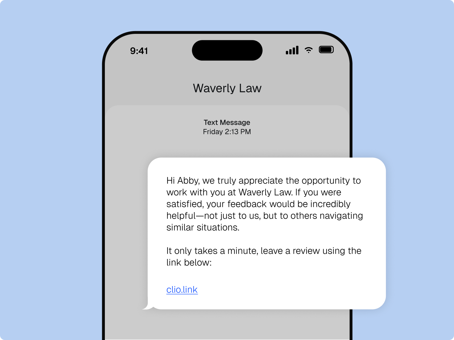 A smartphone displaying a text message from Waverly Law requesting a review for Modern Legal Planning via clio.link.
