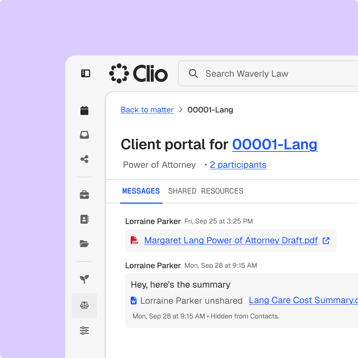Clio client portal for a power of attorney matter, with a shared draft document and messages from the firm.